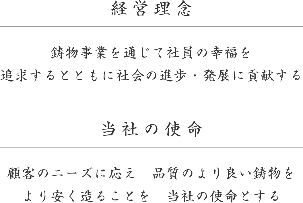 経営理念 鋳物事業を通じて社員の幸福を追求するとともに社会の進歩・発展に貢献する 当社の使命 顧客のニーズに応え　品質のより良い鋳物をより安く造ることを　当社の使命とする